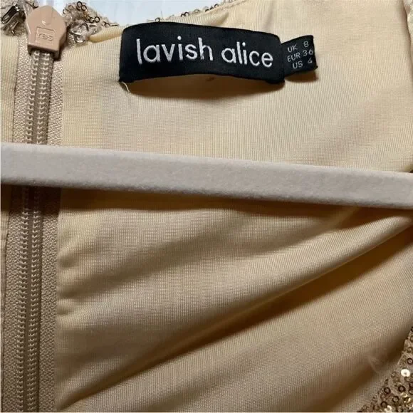 Lavish Alice NWT Gold Ruched Sequin Long Sleeve Mini Dress Size 4 - Picture 8 of 8